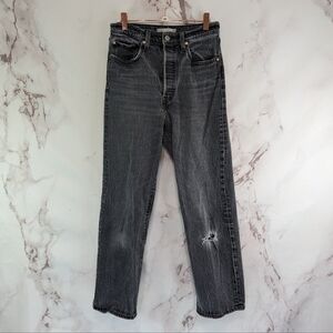 Levis Premium Jeans Women 27 Ribcage Straight Gray Black Button Fly Distressed